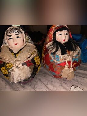 Pair of Japanese Fabric Daruma Dolls - Black Floral & Red Brocade